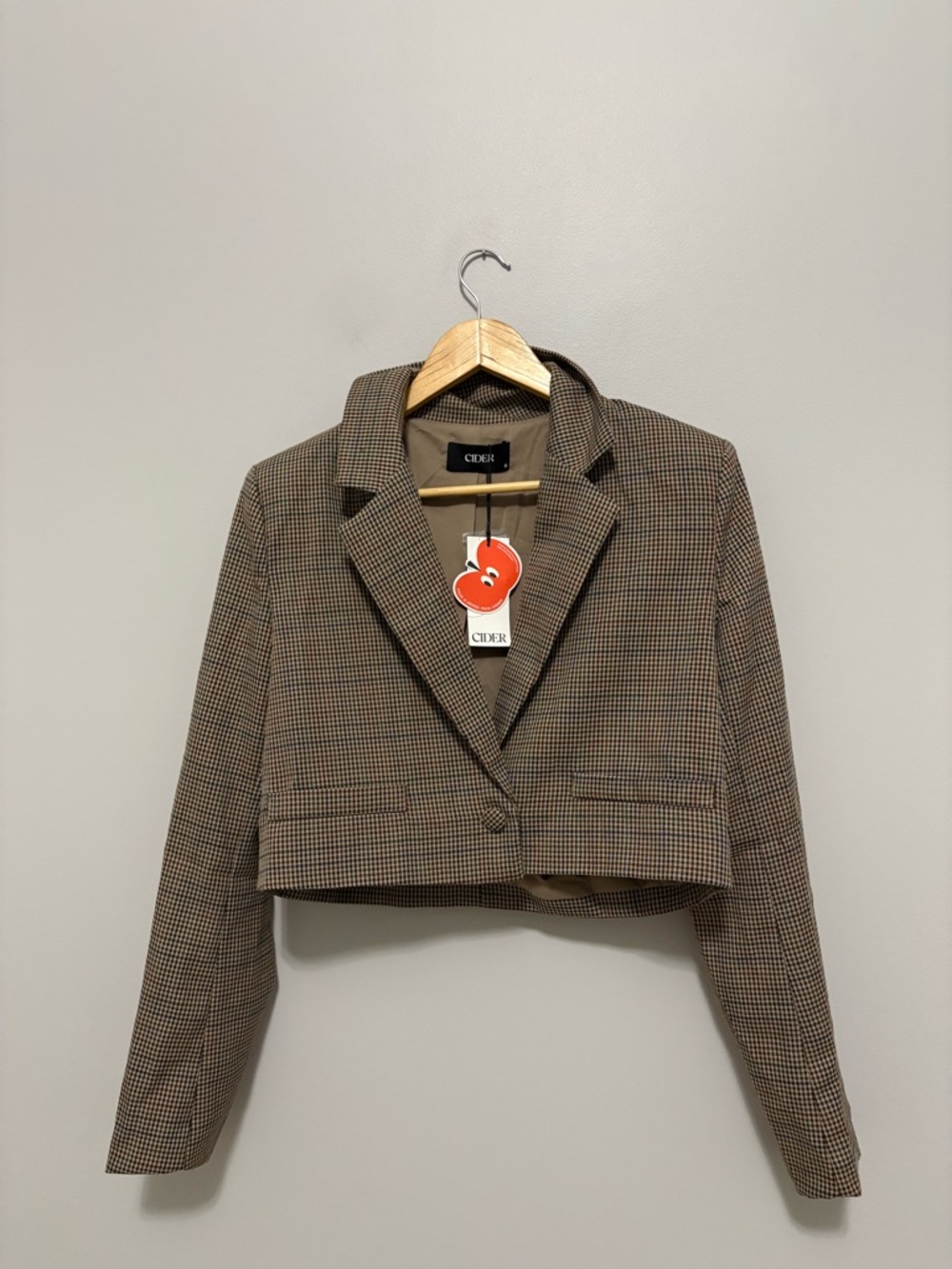 Cider Brown Cropped Houndstooth Blazer Jacket